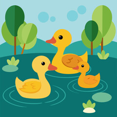 Mallard wild duck chicks swimming on the pond vector landscape background.