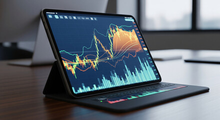 Tablet displaying financial charts on dark background, showcasing data analysis and market trends, symbolizing business intelligence and financial technology
