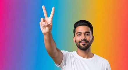Naklejka premium Young indian man making victory gesture. Happy male showing peace sign. Positive emotion and success concept for advertisement