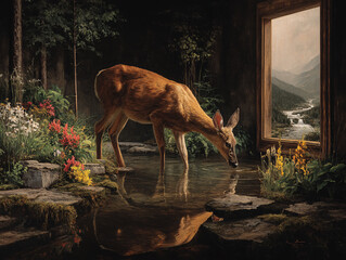 serene natural scene with a deer drinking water from a pool in a lush garden. The background features towering mountains and a cascading waterfall, creating a picturesque landscape.