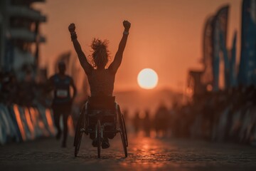 Determined Female Athlete in Wheelchair Triumphs at Sunset Finish Line
