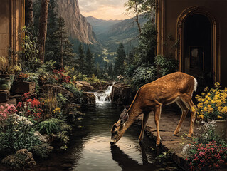 serene natural scene with a deer drinking water from a pool in a lush garden. The background features towering mountains and a cascading waterfall, creating a picturesque landscape.