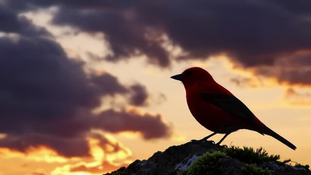 A scarlet tanager perched on a rock against a dramatic sunset sky with dark clouds behind it