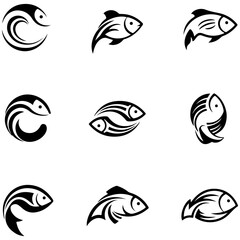 A detailed collection of freshwater fish silhouettes, showcasing the diverse aquatic fauna from river and lake ecosystems worldwide