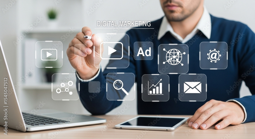 Poster Man interacting with digital marketing interface on a screen with laptop and tablet on the table