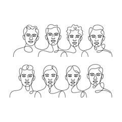 Fototapeta premium Eight abstract line art male portraits isolated on white background
