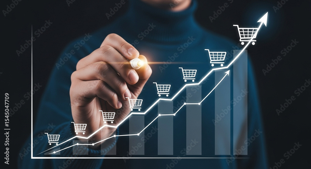 Poster person drawing an upward trending graph with shopping carts on a dark background for e commerce
