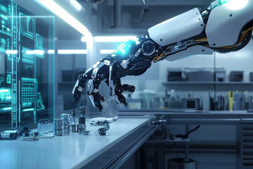 Advanced robotic hand assembling microcomponents in a futuristic high-tech laboratory environment