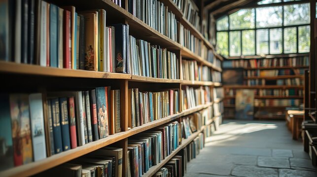 Cozy Library Interior with High-Quality Books on Wooden Shelves