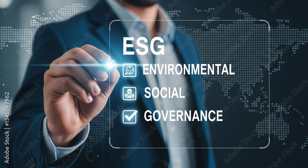 Poster Man in suit pointing to esg environmental social governance on a digital screen with world map background