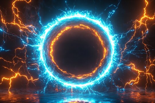 Energy portal ring glowing with electric blue and fiery orange lightning on a dark mysterious background - Powered by Adobe