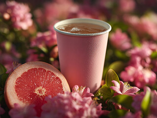 pink cup filled with a beverage placed on a surface surrounded by pink flowers and a slice of grapefruit.