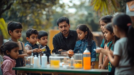 Obraz premium Engaging Science Experiment with Children in Outdoor Learning Environment