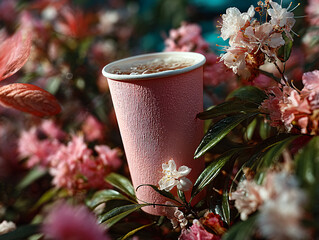 pink cup filled with a beverage placed on a surface surrounded by pink flowers and a slice of grapefruit.