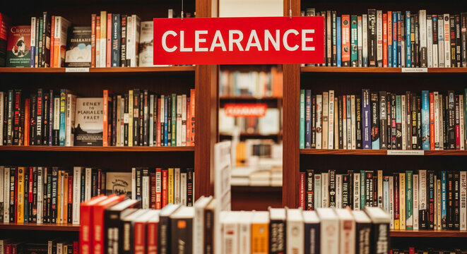 Bookshelf filled with various books, a red "clearance" sign hanging above, showcasing a bookstore sale, symbolizing knowledge, discounts, and affordability