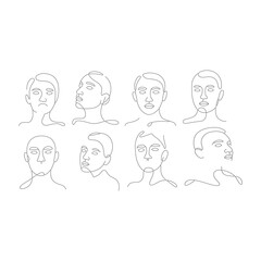 Eight abstract line art faces isolated on white background