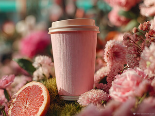 pink cup filled with a beverage placed on a surface surrounded by pink flowers and a slice of grapefruit.