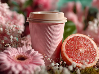 pink cup filled with a beverage placed on a surface surrounded by pink flowers and a slice of grapefruit.