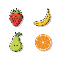 Fruits flat linear icons set. Strawberry, banana, pear and orange slice. Long shadow outline logo concepts. Vector line art illustrations