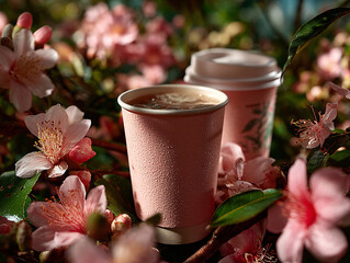 pink cup filled with a beverage placed on a surface surrounded by pink flowers and a slice of grapefruit.