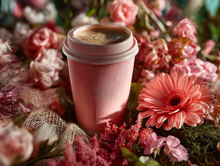 pink cup filled with a beverage placed on a surface surrounded by pink flowers and a slice of grapefruit.