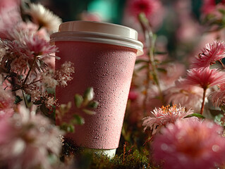 pink cup filled with a beverage placed on a surface surrounded by pink flowers and a slice of grapefruit.