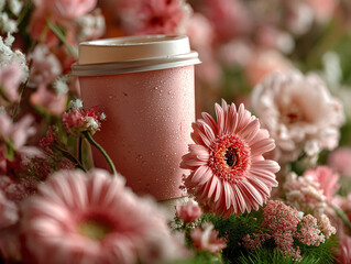 pink cup filled with a beverage placed on a surface surrounded by pink flowers and a slice of grapefruit.