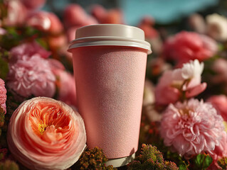 pink cup filled with a beverage placed on a surface surrounded by pink flowers and a slice of grapefruit.