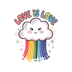 Kawaii cloud with rainbow and stars, “Love is Love” cute pride message, vector design, and t shirt design