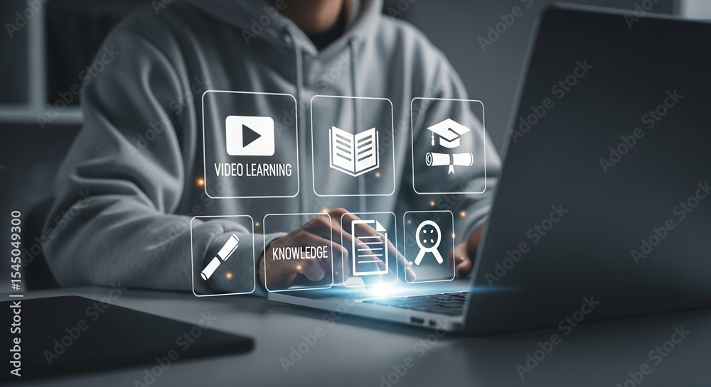 Fototapete person using a laptop with learning icons hovering above the keyboard in a digital environment