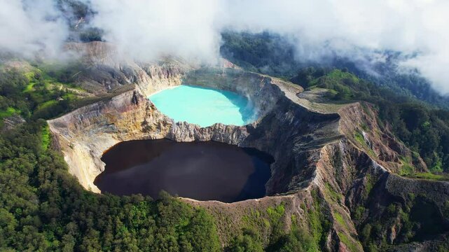 Aerial shot of the three colour lakes of Kelimutu volcano national park in Flores island, Indonesia