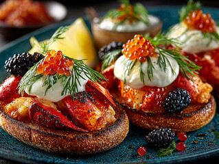 gourmet dish with a base of bread, topped with fresh strawberries, spinach, and a generous dollop of whipped cream topped with black caviar. The dish is garnished with edible flowers and a sprinkle of