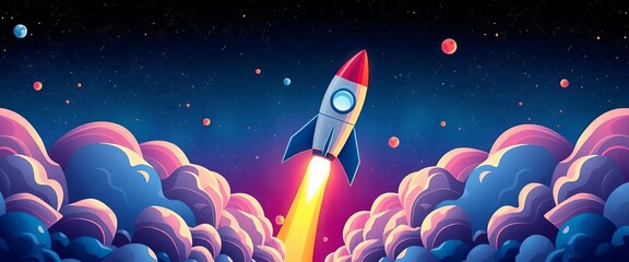 Paper rocket soaring through cosmos, flat style design ,  clean,  vibrant