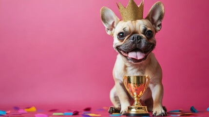 Celebratory Dog with Crown and Trophy on Colorful Background