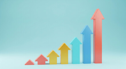 Ascending colorful arrows on light-blue background, symbolizing growth, progress, and success in business