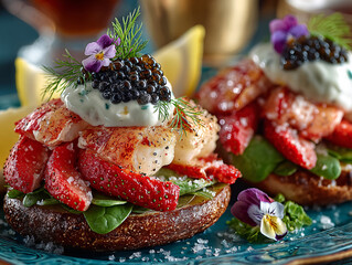 gourmet dish with a base of bread, topped with fresh strawberries, spinach, and a generous dollop of whipped cream topped with black caviar. The dish is garnished with edible flowers and a sprinkle of