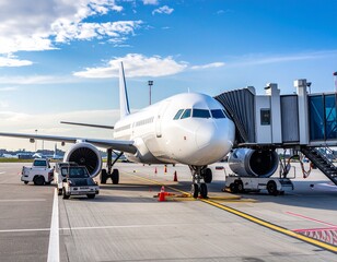 Obraz premium High-res photo of commercial airplane at airport gate with jet bridge and ground vehicles. Clear weather, sharp detail—great for aviation editorials, travel ads, or logistics content.