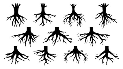 Set of tree roots silhouette