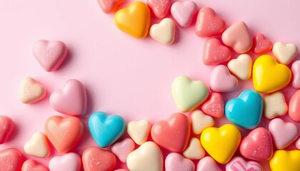 Pastel background, vibrant heart candies, whimsical arrangement,   delicate,  Valentine's