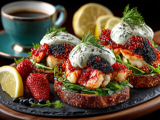 gourmet dish with a base of bread, topped with fresh strawberries, spinach, and a generous dollop of whipped cream topped with black caviar. The dish is garnished with edible flowers and a sprinkle of