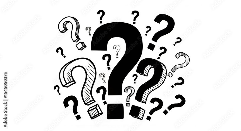 Poster hand-drawn question marks of varying sizes and styles, clustered together on white background, symbo