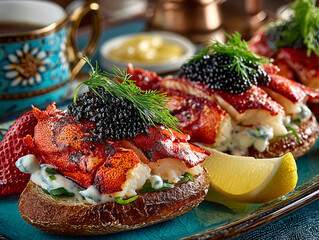 gourmet dish with a base of bread, topped with fresh strawberries, spinach, and a generous dollop of whipped cream topped with black caviar. The dish is garnished with edible flowers and a sprinkle of