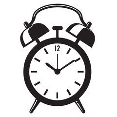 A black and white vector icon of a classic alarm clock with twin bells and a numerical dial, set on a white background.