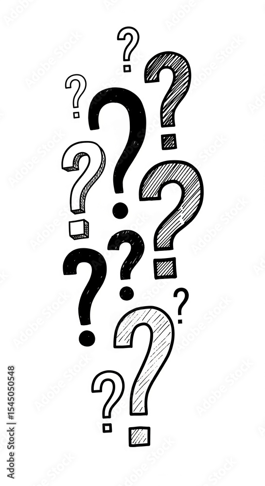 Poster hand-drawn question marks of varying sizes and styles, clustered together on a white background, sym
