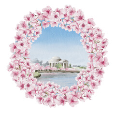 Cherry Blossom Festival in Washington DC. Jefferson Memorial during sakura.Lake with pink trees in the background. Postcard or template background. Watercolor illustration. Hand drawing.