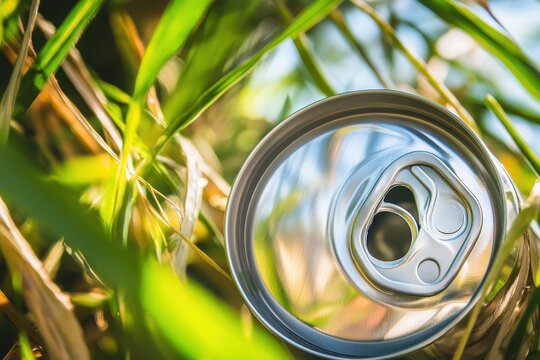 Macro view of soda can litter among green grass blades in sunlight. AI-generated. - Powered by Adobe