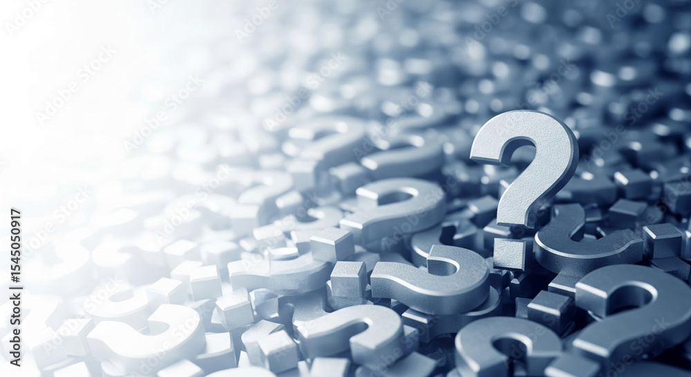 Poster Many metallic question marks, textured surface, create a depth-of-field effect symbolizing uncertainty, inquiry, or problem-solving