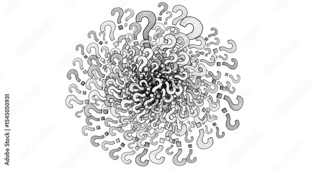 Aufkleber sketch-style question marks arranged in a circular pattern, radiating outward, symbolizing inquiry, 
