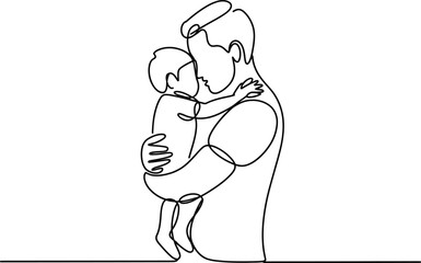Continuous line drawing of father holding his baby. Vector illustration.