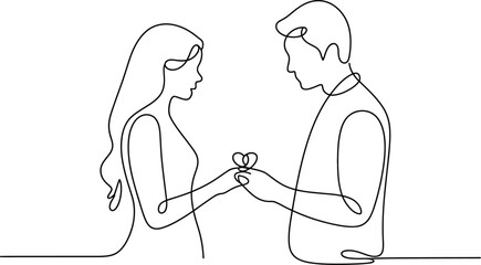 continuous line drawing of a man giving a ring to a woman.